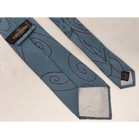 VALENTINO CRAVATTE ITALY SILK TIE GREEN BLUE PAISLEY SATIN 3" X 58" VINTAGE - Picture 2 of 4